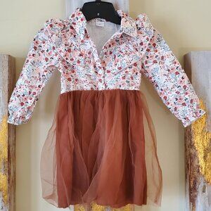 Tween Girls Floral Print Rust Tulle Dress with Woven Belt SZ 5Y